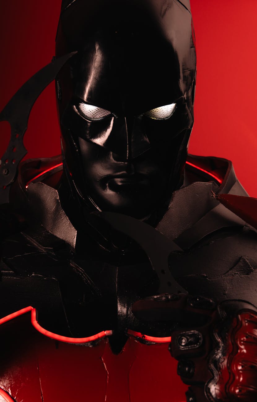 vivid batman cosplay portrait with red accents